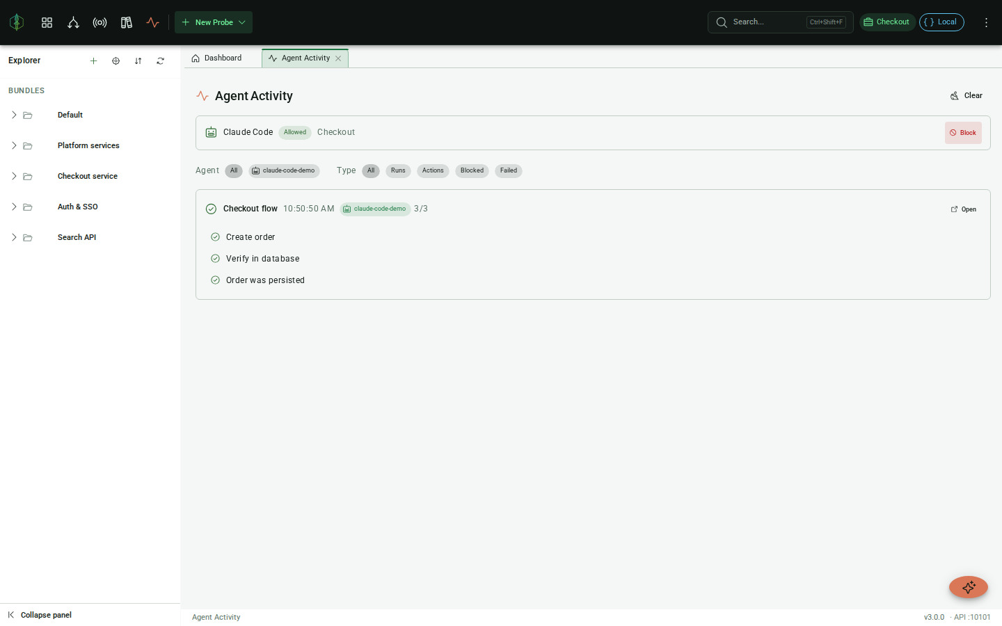 Agent Activity beside the terminal the agent is working in: a connected coding agent scoped to one project, the runs and edits it made, and one run failing on a single assertion