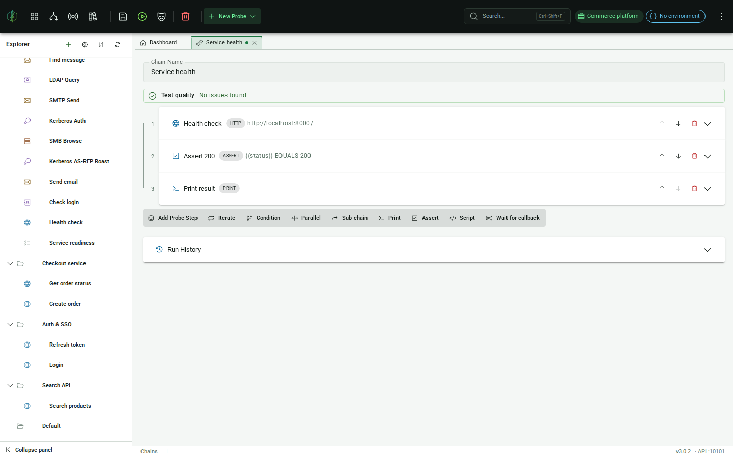 Chain editor showing a multi-step flow passing data between protocols