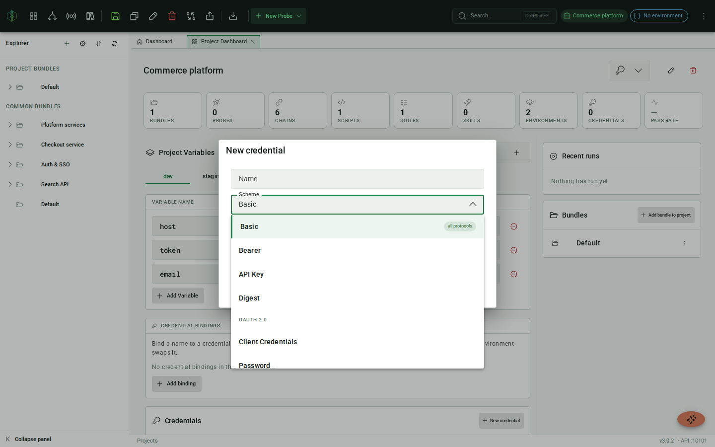 Credential store dialog with the auth scheme picker open
