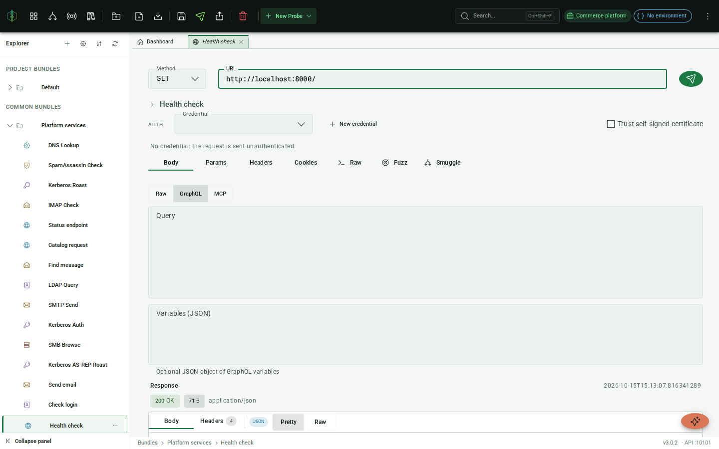 HTTP probe Body tab in GraphQL mode with Query and Variables editors