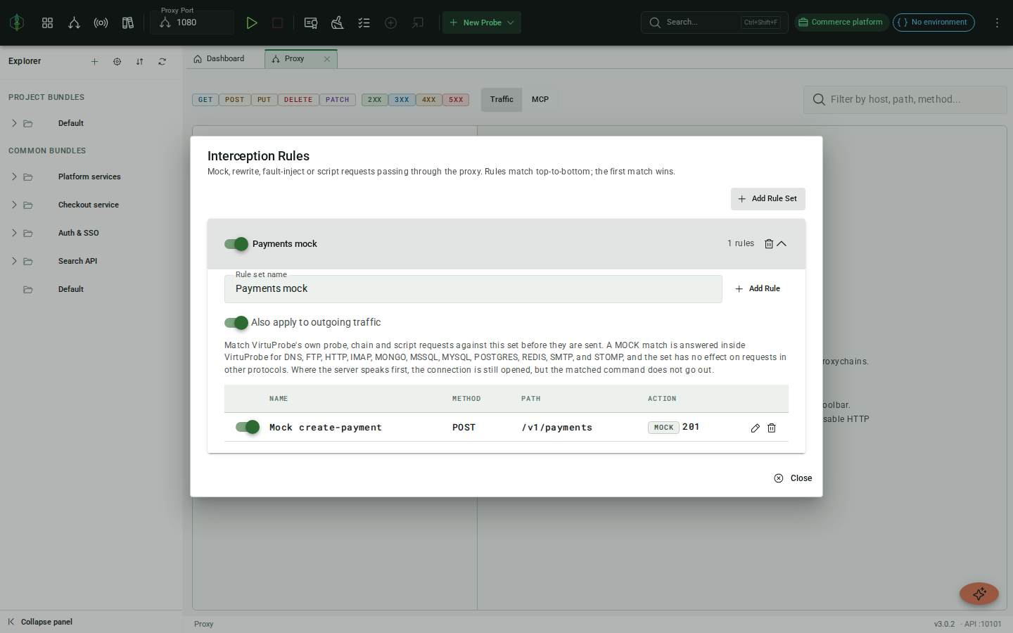 Proxy interception rules editor with a MOCK rule returning a synthetic response